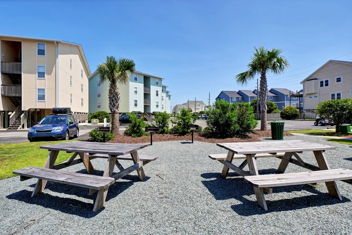 This exterior image showcases wooden picnic tables set amidst palm trees and landscaped greenery, with a welcoming and relaxing atmosphere. The setup invites guests to enjoy the outdoors, whether for a morning coffee or a sunset toast, and provides a tranquil backdrop with lush tropical elements.